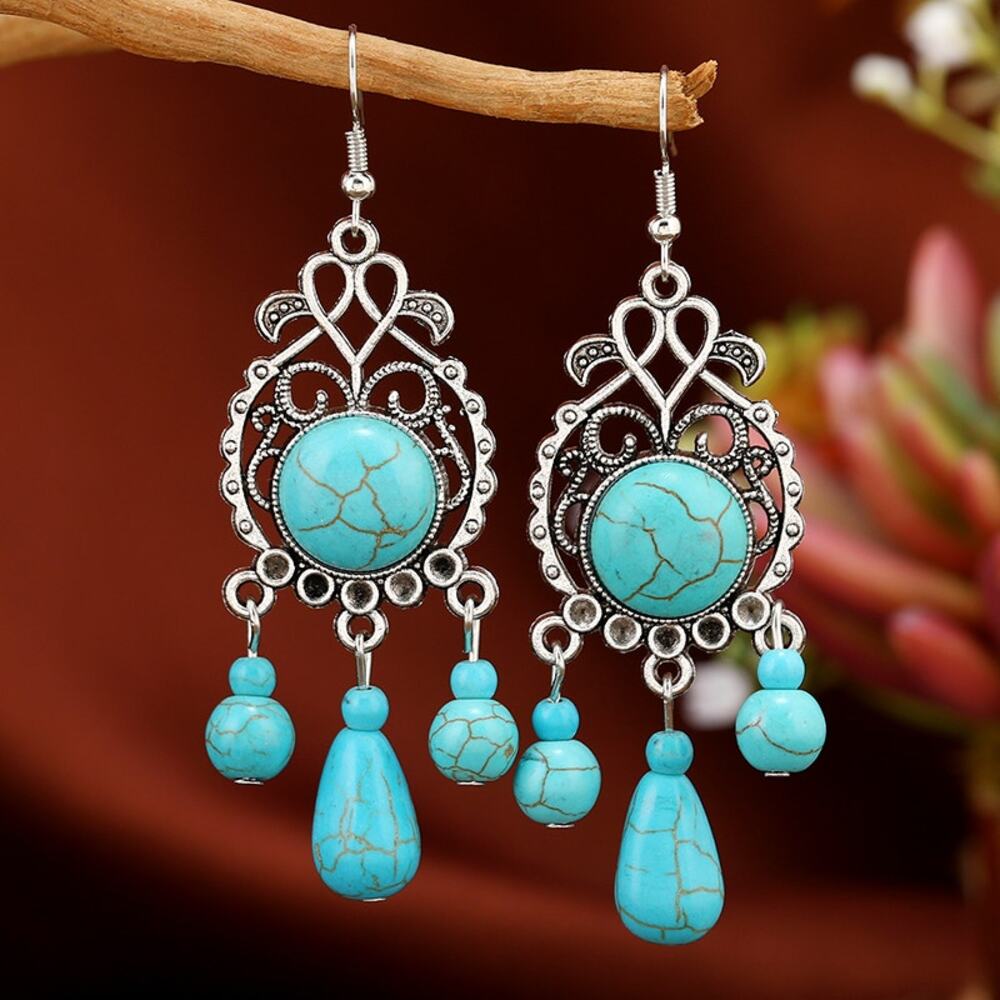 NEW Western Drop Chandelier Earrings Silver Plated Faux Turquoise Ethnic Boho